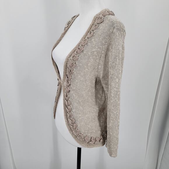 Coldwater Creek Cardigan Womens Small Beige Linen Blend Ribbon Detail Open Knit - Picture 6 of 11